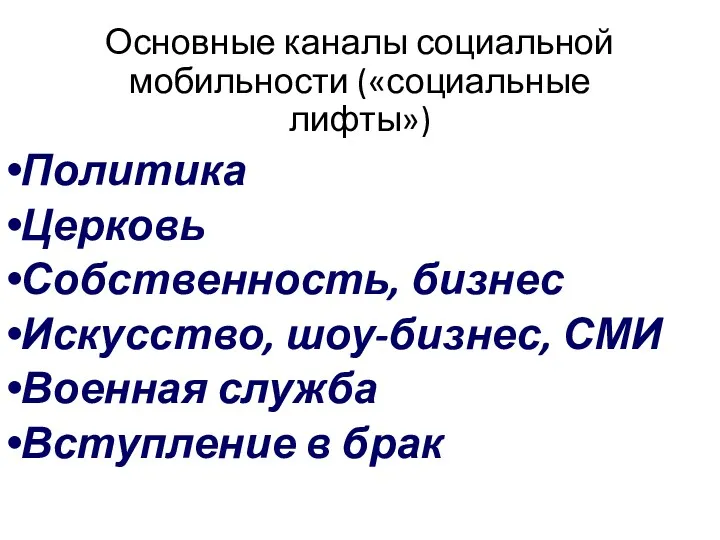 Основные каналы социальной мобильности («социальные лифты») Политика Церковь Собственность, бизнес