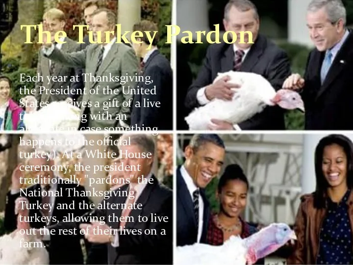 The Turkey Pardon Each year at Thanksgiving, the President of