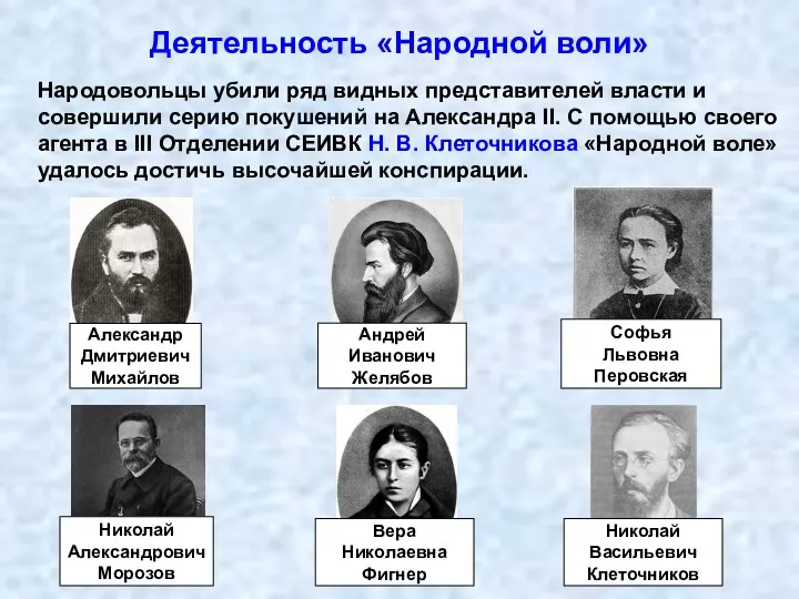 Деятельность «Народной воли» Народовольцы убили ряд видных представителей власти и