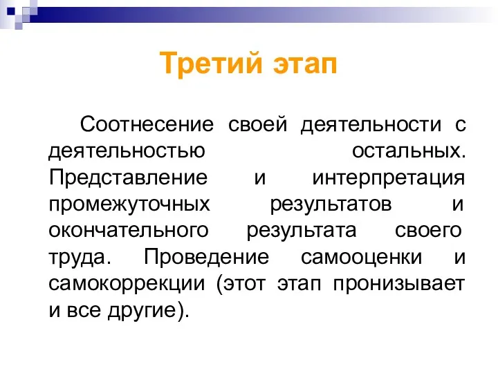 Третий этап Соотнесение своей деятельности с деятельностью остальных. Представление и