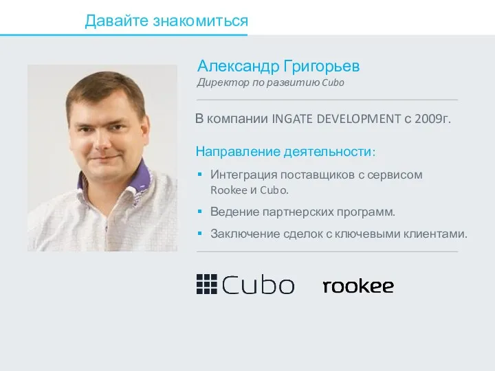 Давайте знакомиться Александр Григорьев Директор по развитию Cubo В компании INGATE DEVELOPMENT с