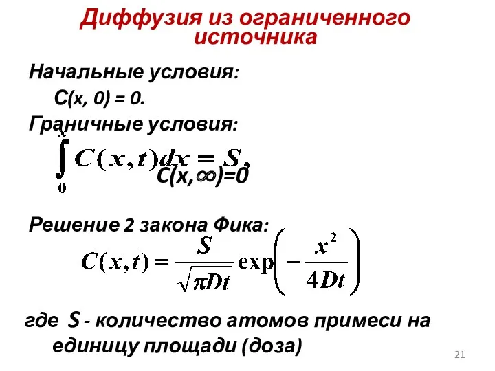 Диффузия из ограниченного источника Начальные условия: С(x, 0) = 0. Граничные условия: C(x,∞)=0