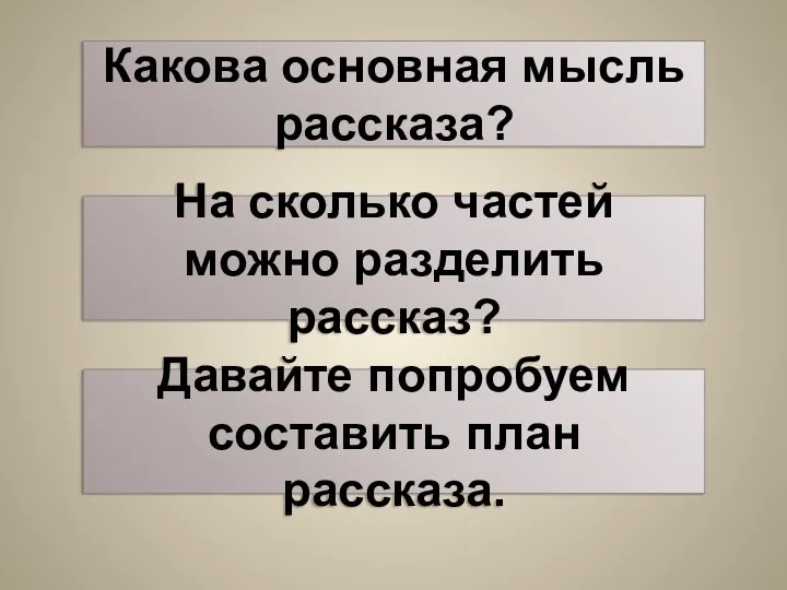 Какова основная мысль рассказа? На сколько частей можно разделить рассказ? Давайте попробуем составить план рассказа.