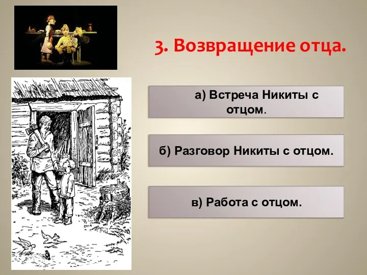 3. Возвращение отца. а) Встреча Никиты с отцом. б) Разговор