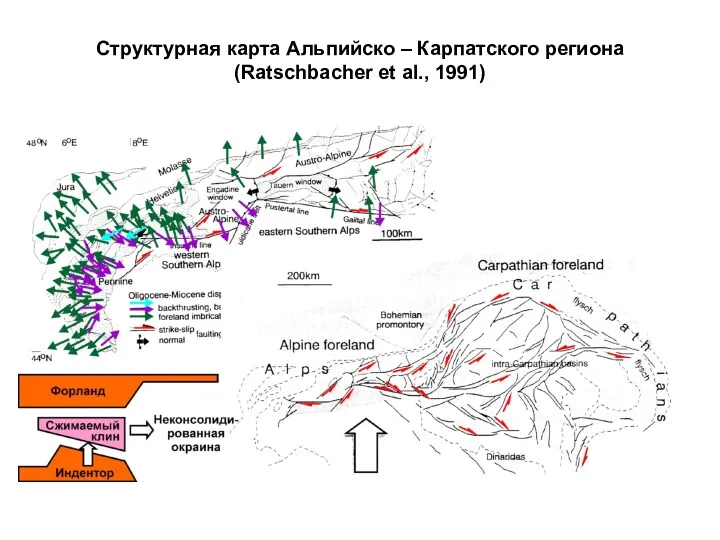 Структурная карта Альпийско – Карпатского региона (Ratschbacher et al., 1991)