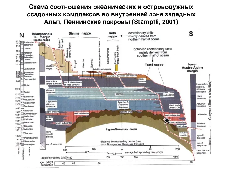 Схема соотношения океанических и островодужных осадочных комплексов во внутренней зоне западных Альп, Пеннинские покровы (Stampfli, 2001)