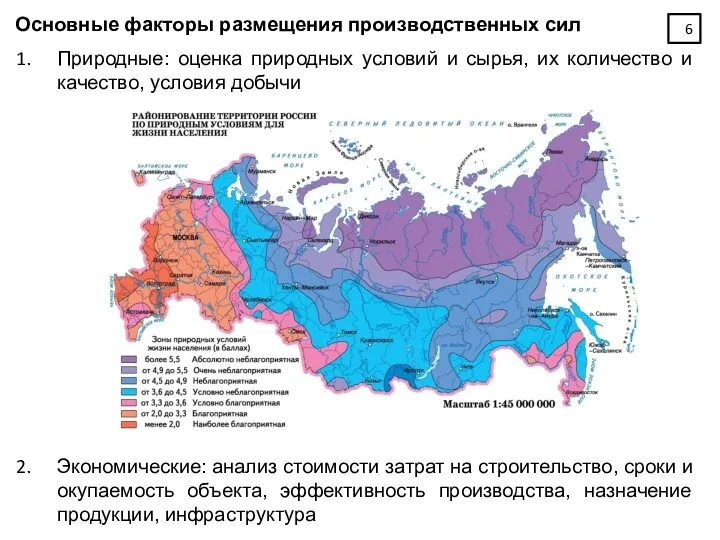 Основные факторы размещения производственных сил Природные: оценка природных условий и