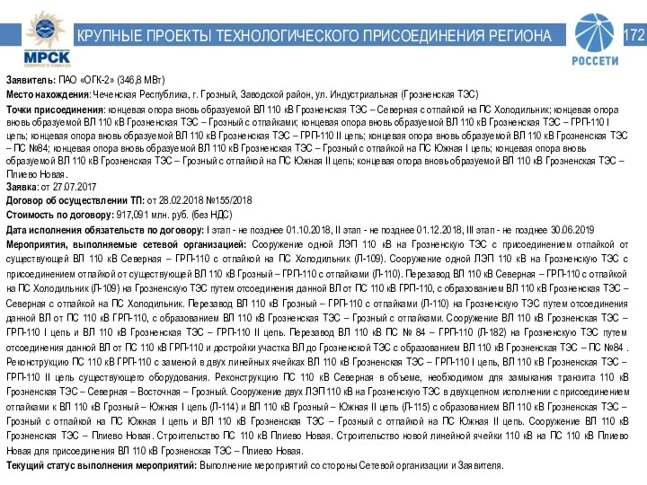 КРУПНЫЕ ПРОЕКТЫ ТЕХНОЛОГИЧЕСКОГО ПРИСОЕДИНЕНИЯ РЕГИОНА Заявитель: ПАО «ОГК-2» (346,8 МВт)