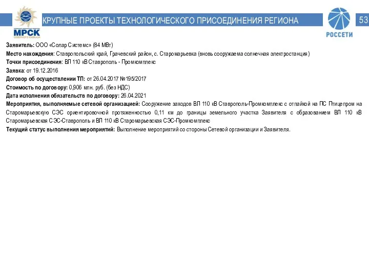 КРУПНЫЕ ПРОЕКТЫ ТЕХНОЛОГИЧЕСКОГО ПРИСОЕДИНЕНИЯ РЕГИОНА Заявитель: ООО «Солар Системс» (84