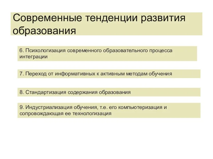 Современные тенденции развития образования 6. Психологизация современного образовательного процесса интеграции