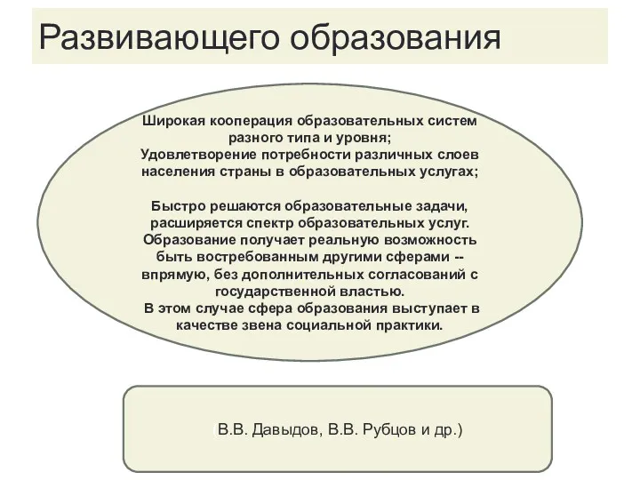 Развивающего образования Широкая кооперация образовательных систем разного типа и уровня;