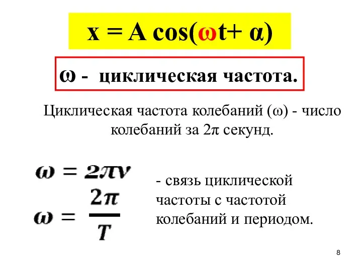 x = A cos(ωt+ α) ω - циклическая частота. Циклическая