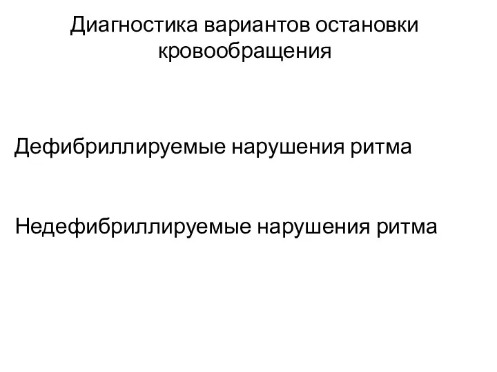 Диагностика вариантов остановки кровообращения Дефибриллируемые нарушения ритма Недефибриллируемые нарушения ритма