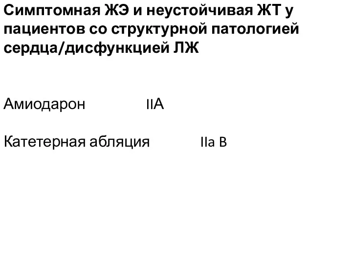 Симптомная ЖЭ и неустойчивая ЖТ у пациентов со структурной патологией сердца/дисфункцией ЛЖ Амиодарон