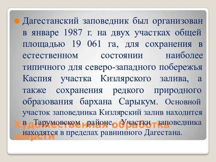 Художественная обработка шерсти Дагестанский заповедник был организован в январе 1987