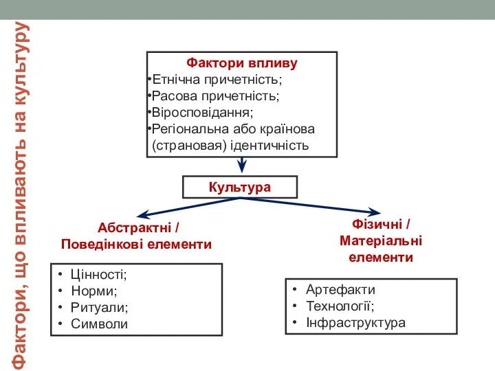 Фактори, що впливають на культуру Фактори впливу Етнічна причетність; Расова