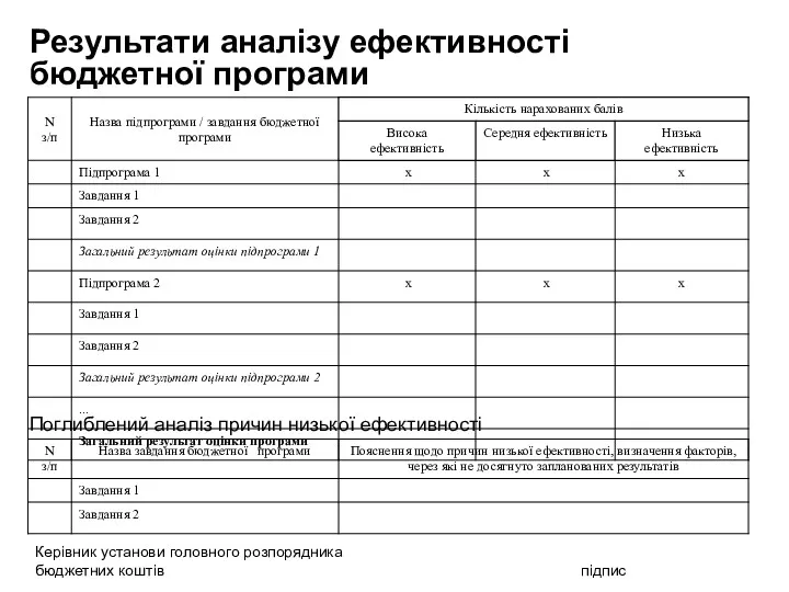 Результати аналізу ефективності бюджетної програми Поглиблений аналіз причин низької ефективності