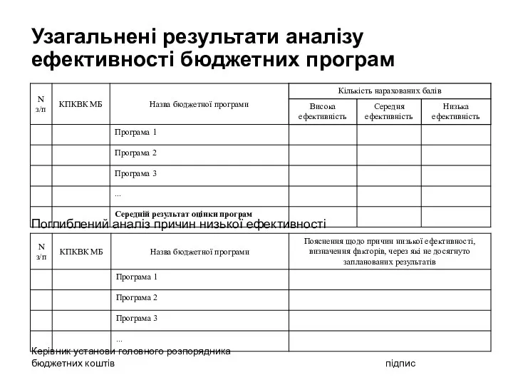 Узагальнені результати аналізу ефективності бюджетних програм Поглиблений аналіз причин низької