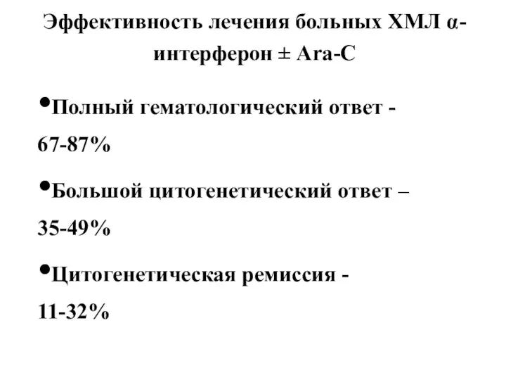 Эффективность лечения больных ХМЛ α-интерферон ± Ara-C Полный гематологический ответ