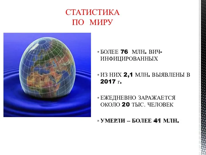 СТАТИСТИКА ПО МИРУ БОЛЕЕ 76 МЛН. ВИЧ-ИНФИЦИРОВАННЫХ ИЗ НИХ 2,1