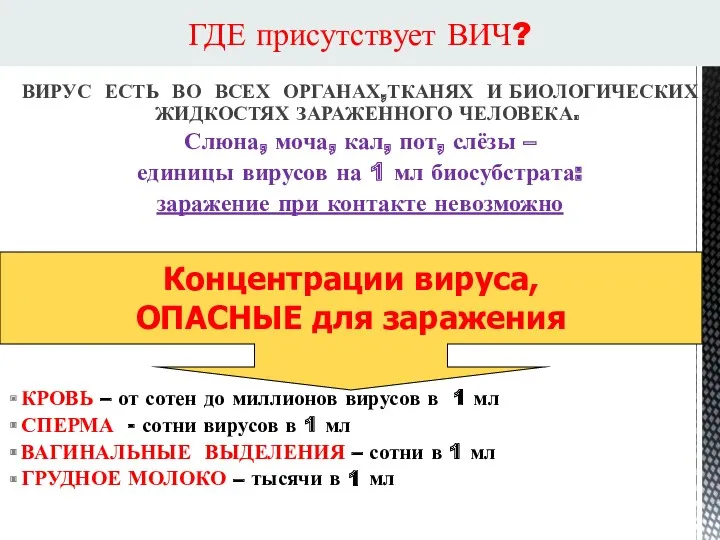 ГДЕ присутствует ВИЧ? ВИРУС ЕСТЬ ВО ВСЕХ ОРГАНАХ,ТКАНЯХ И БИОЛОГИЧЕСКИХ