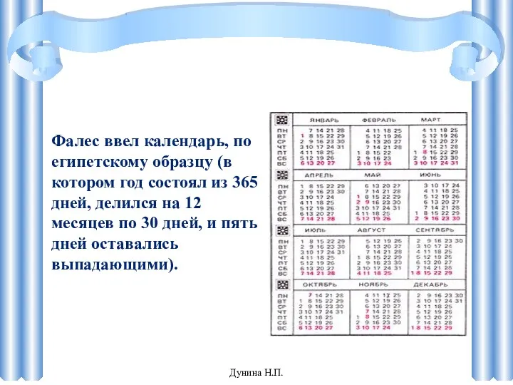 Фалес ввел календарь, по египетскому образцу (в котором год состоял