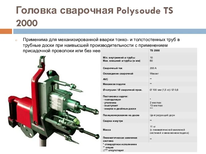 Головка сварочная Polysoude TS 2000 Применима для механизированной вварки тонко-