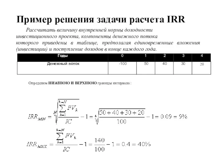 . Пример решения задачи расчета IRR Рассчитать величину внутренней нормы