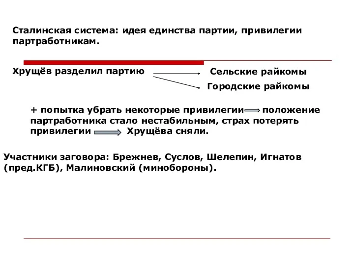 Сталинская система: идея единства партии, привилегии партработникам. Хрущёв разделил партию