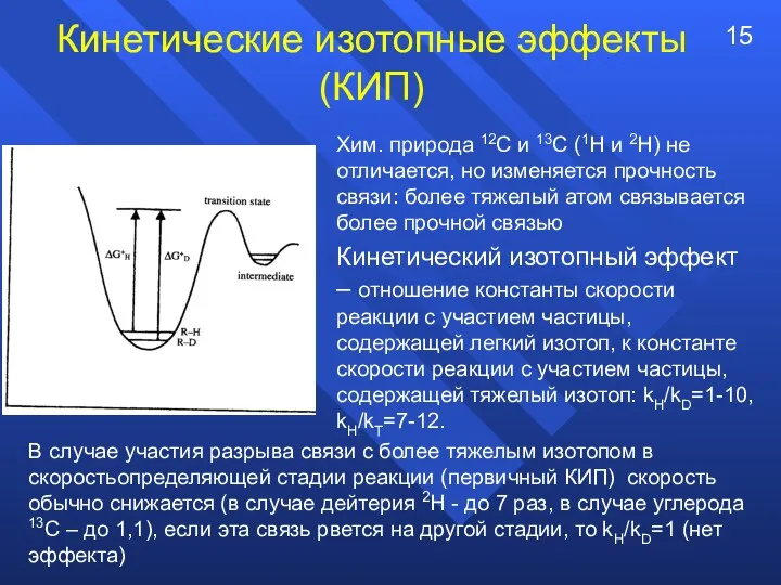 Кинетические изотопные эффекты (КИП) Хим. природа 12С и 13С (1Н