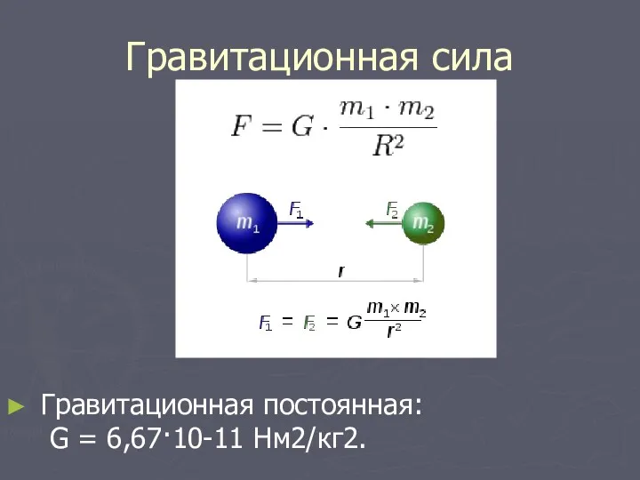 Гравитационная сила Гравитационная постоянная: G = 6,67·10-11 Нм2/кг2.