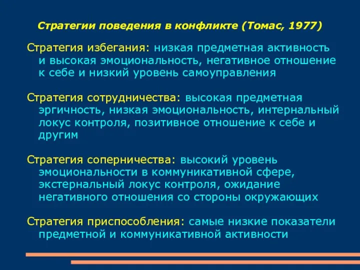 Стратегии поведения в конфликте (Томас, 1977) Стратегия избегания: низкая предметная