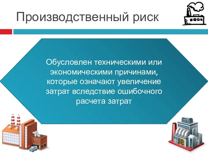 Производственный риск Обусловлен техническими или экономическими причинами, которые означают увеличение затрат вследствие ошибочного расчета затрат