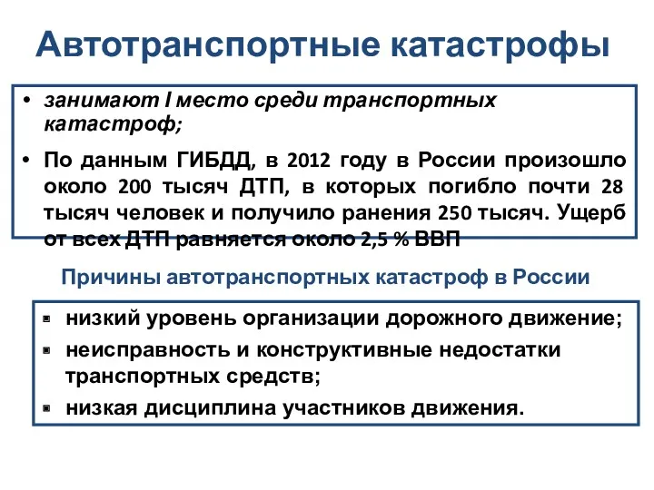 Автотранспортные катастрофы занимают І место среди транспортных катастроф; По данным