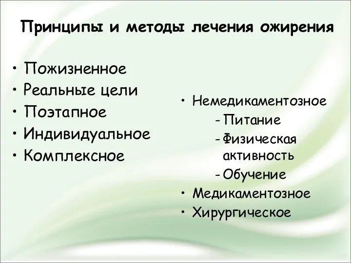 Принципы и методы лечения ожирения Пожизненное Реальные цели Поэтапное Индивидуальное