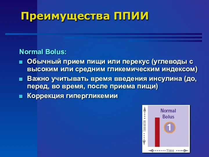 Преимущества ППИИ Normal Bolus: Обычный прием пищи или перекус (углеводы с высоким или