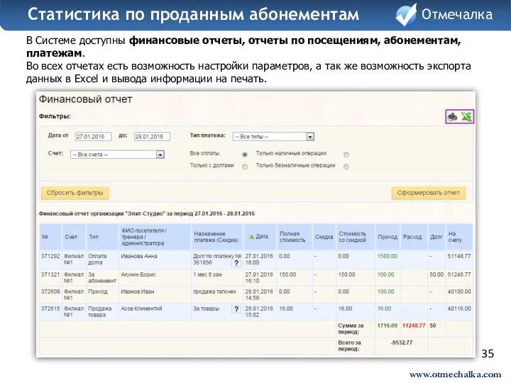 35 В Системе доступны финансовые отчеты, отчеты по посещениям, абонементам,