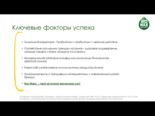 Ключевые факторы успеха Уникальная рецептура - Пробиотики + пребиотики = двойное действие Соответствие