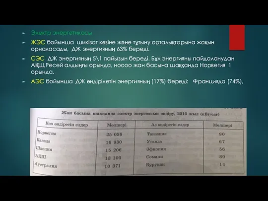 Электр энергетикасы ЖЭС бойынша шикізат көзіне және тұтыну орталықтарына жақын орналасады, ДЖ энергияның