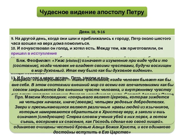 Чудесное видение апостолу Петру Блж. Феофилакт: «Ужас (ekstasij) означает и