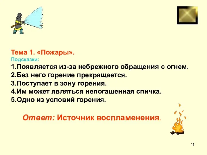 Тема 1. «Пожары». Подсказки: 1.Появляется из-за небрежного обращения с огнем.