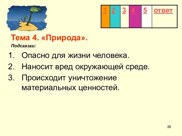 Тема 4. «Природа». Подсказки: Опасно для жизни человека. Наносит вред окружающей среде. Происходит уничтожение материальных ценностей.