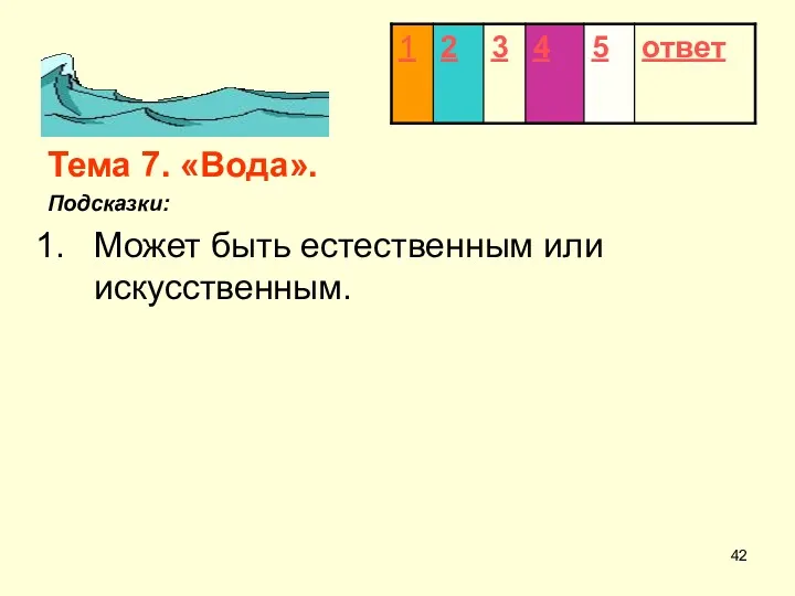 Тема 7. «Вода». Подсказки: Может быть естественным или искусственным.