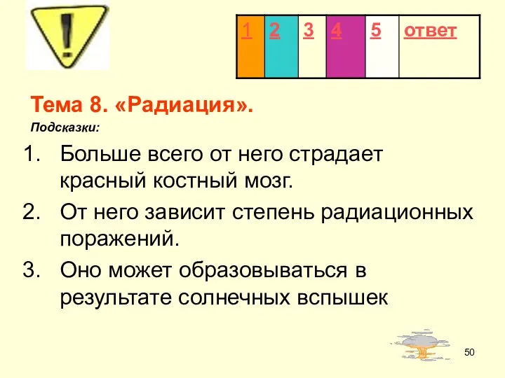 Тема 8. «Радиация». Подсказки: Больше всего от него страдает красный