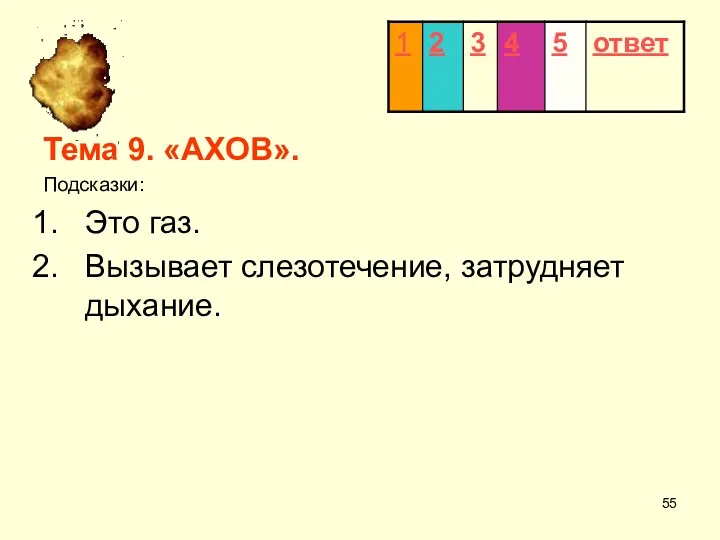 Тема 9. «АХОВ». Подсказки: Это газ. Вызывает слезотечение, затрудняет дыхание.