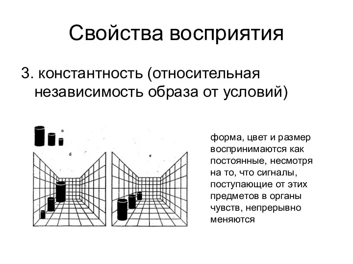 Свойства восприятия 3. константность (относительная независимость образа от условий) форма,