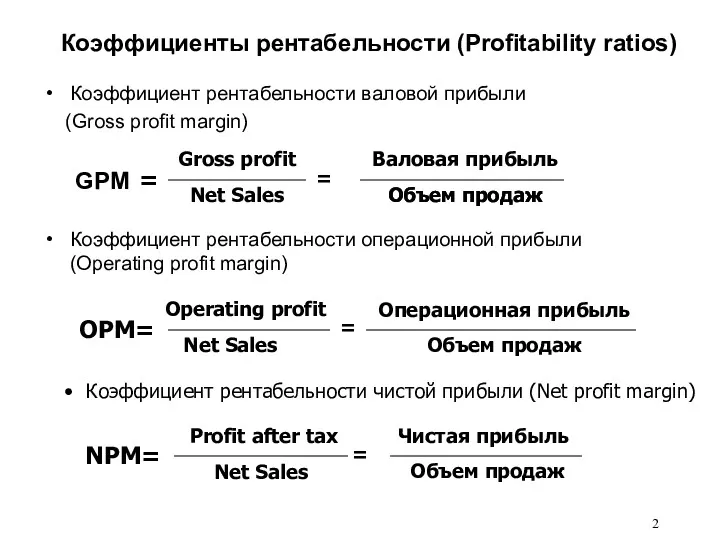 Коэффициенты рентабельности (Profitability ratios) Коэффициент рентабельности валовой прибыли (Gross profit