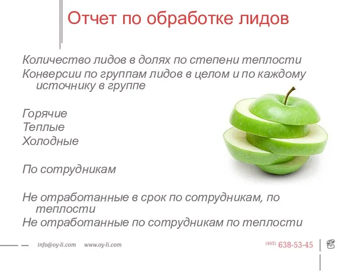 Отчет по обработке лидов Количество лидов в долях по степени теплости Конверсии по