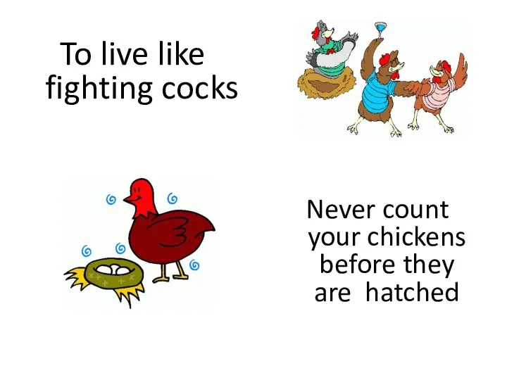 To live like fighting cocks Never count your chickens before they are hatched