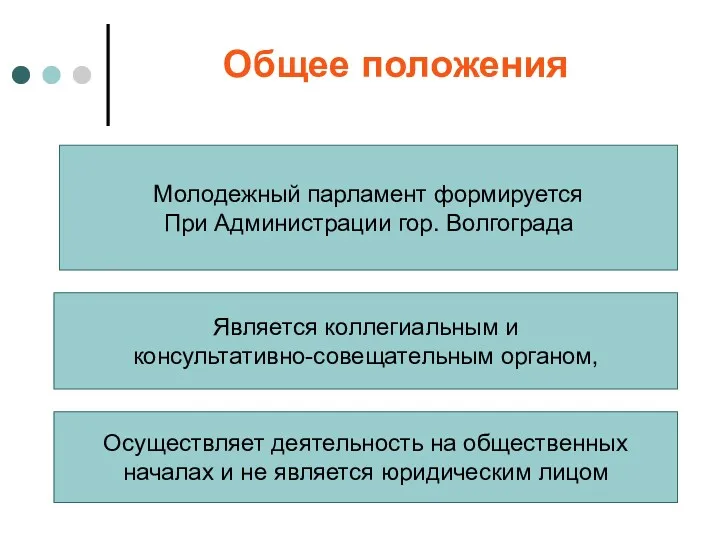 Общее положения Молодежный парламент формируется При Администрации гор. Волгограда Является коллегиальным и консультативно-совещательным